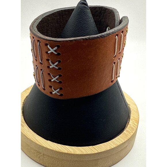 Handcrafted Adjustable Brown Leather Cuff Bracelet Decorative Stitching - Picture 7 of 7